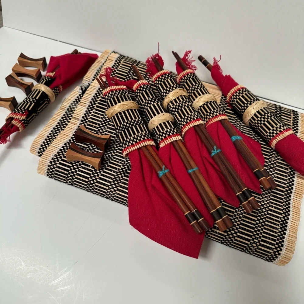 NWOT Japanese play settings bamboo mat chopsticks wood holder red napkins